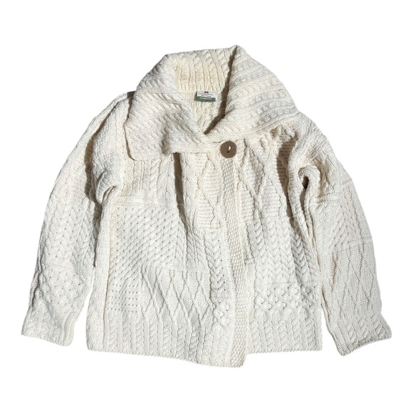 Carraig Donn Cream Cardigan Sweater 100% Merino Wool Aran Cable Trellis - Picture 2 of 6